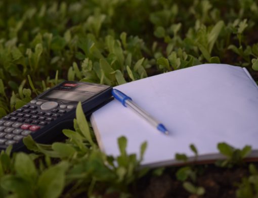 Calculadora, caneta e papel em um gramado